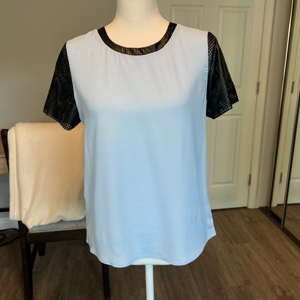 Lush Light Blue Top with Faux Leather Mesh Sleeves